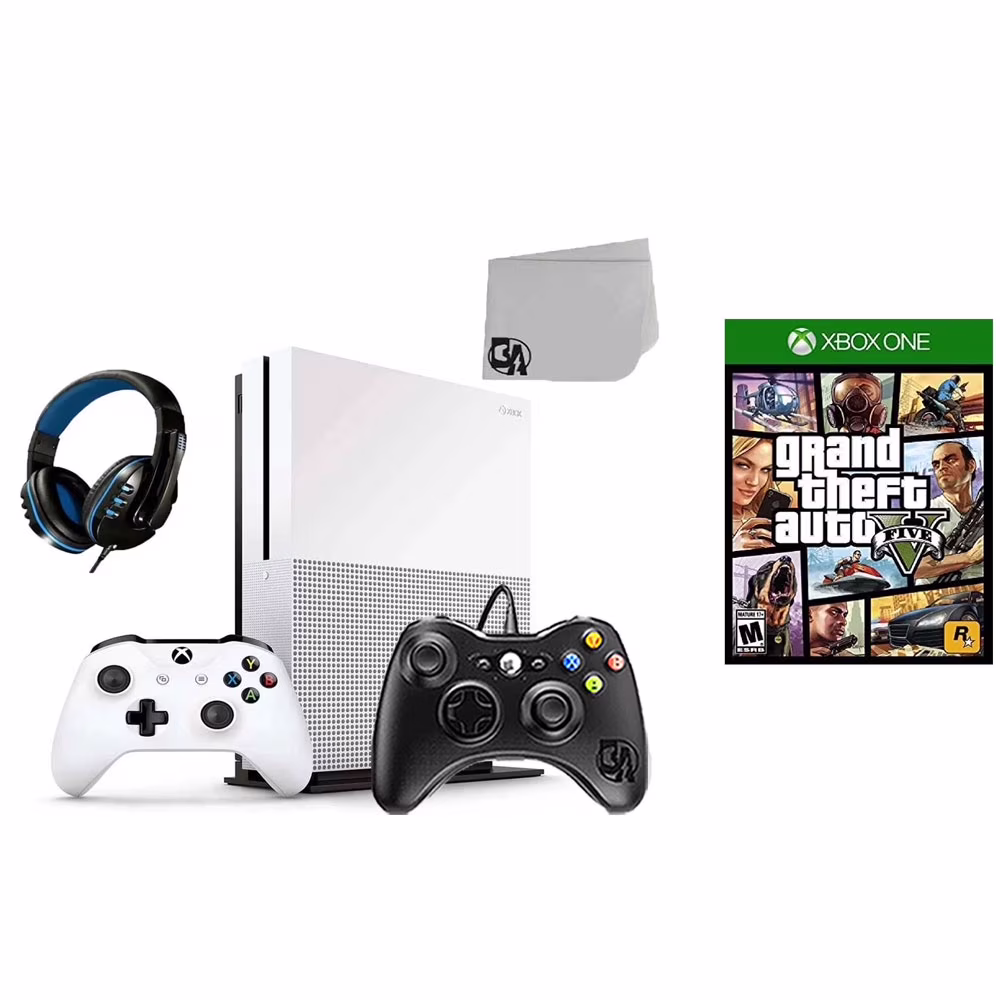 Pre-Owned Microsoft Xbox One S 500GB Gaming Console White 2 Controller Included with Grand Theft Auto V BOLT AXTION Bundle