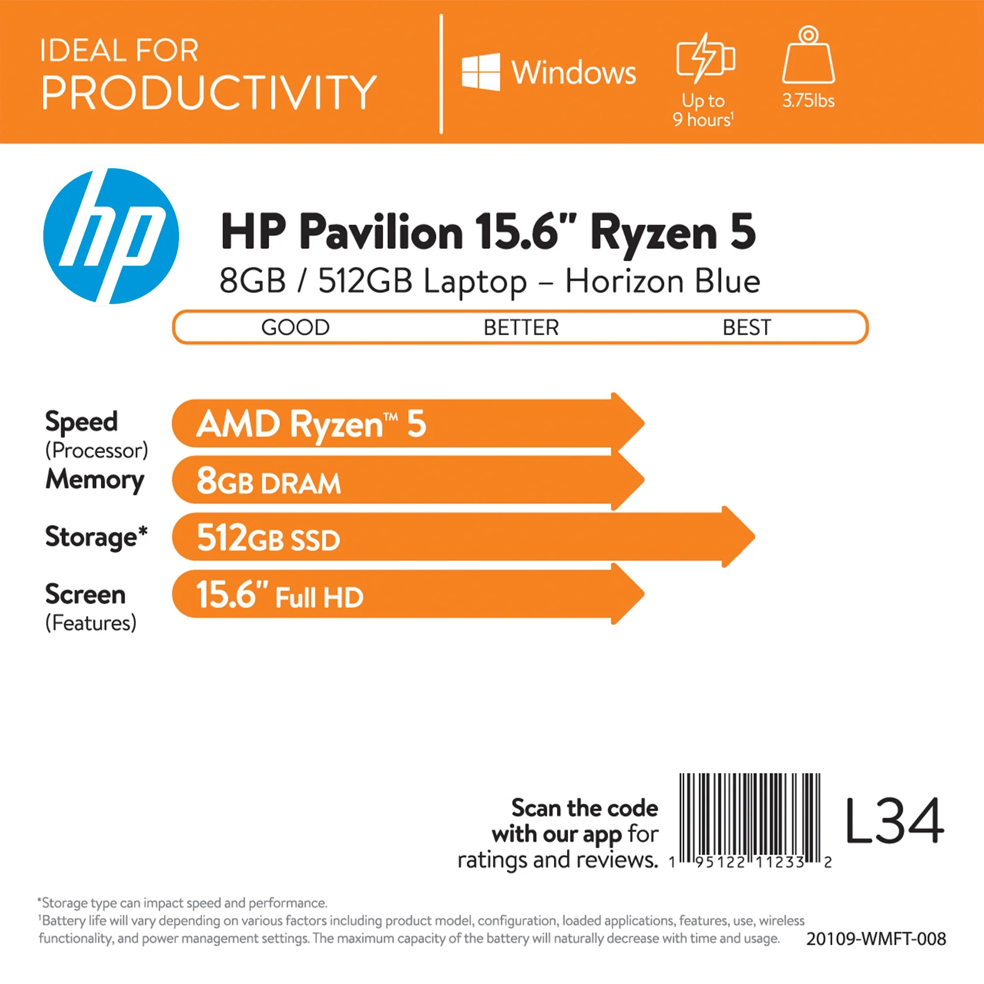 Free Shipping! \HP Pavilion 15\\ Laptop, AMD Ryzen 5, 8GB/512GB - Horizon Blue\