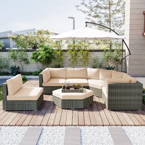 Patio Furniture Set, 6 Piece Outdoor Conversation Set All Weather Wicker Sectional Sofa with Ottoman and Cushions and Small Trays Furniture Sets for Patio, Lawn & Garden