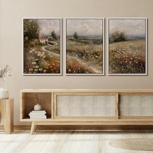 SIGNFORD Framed Canvas Print Wall Art Set Forest Green Watercolor Pastel Landscape Shapes Abstract Illustrations Modern Art Minimal Relax/Calm for Living Room, Bedroom, Office - 16