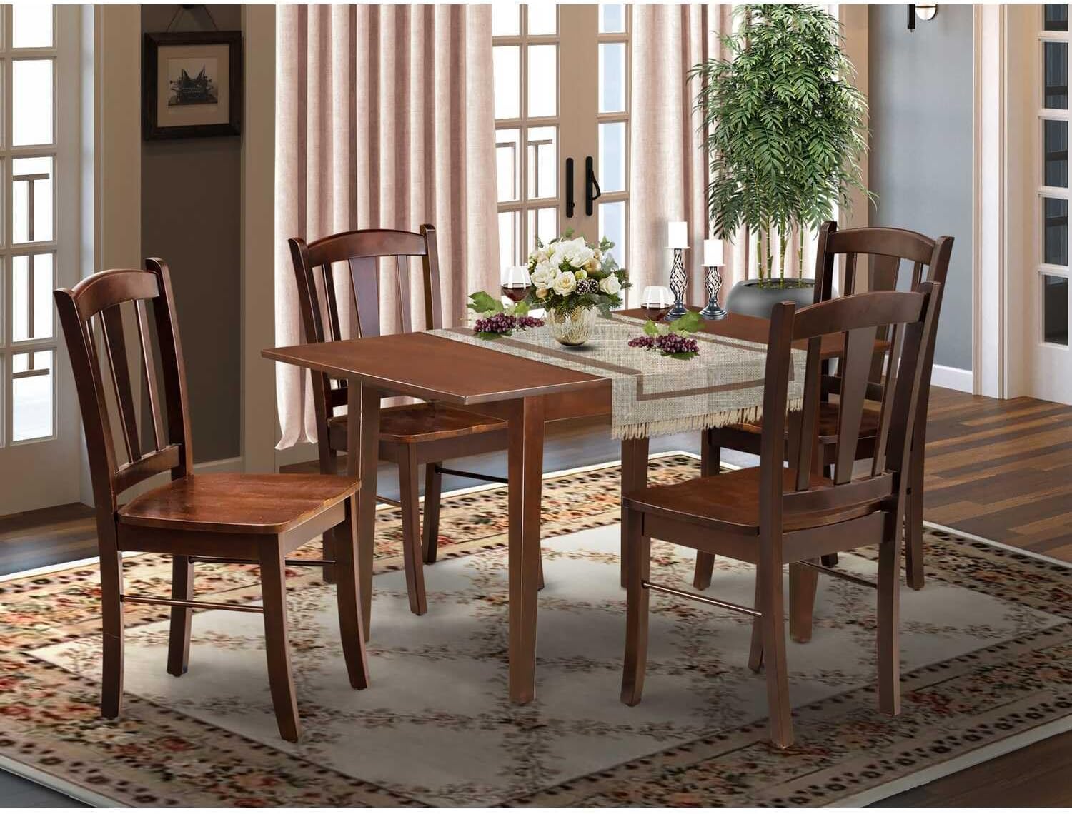 5Pc Dining Room Table Set 4 Kitchen Chair with Wooden Seat and Slatted Chair Back Beachy Beauty Leaf Dining Table Mahogany Finish