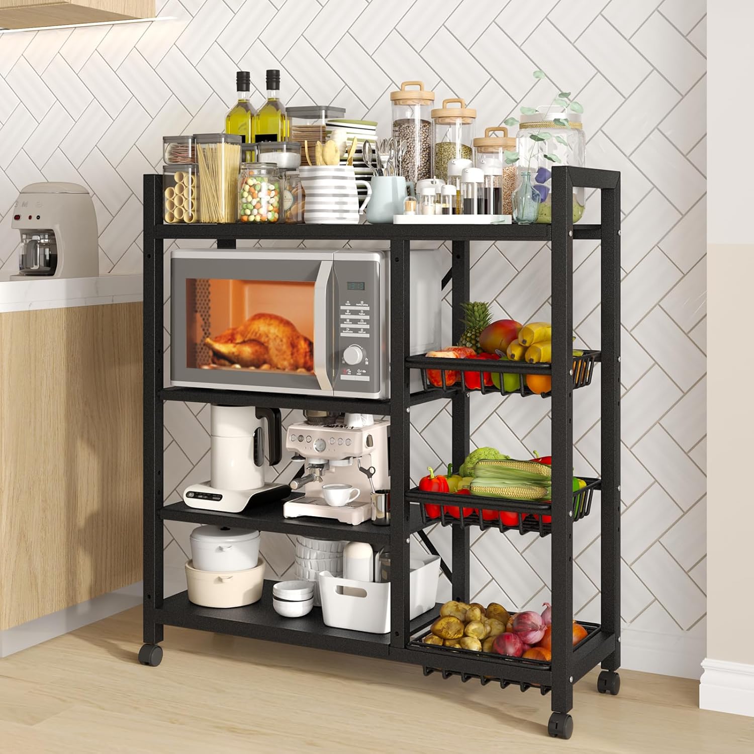 Storage Shelves, Adjustable 4-Tier Kitchen Shelves, Kitchen Organizers and Storage with 4 Wire Baskets, Metal Shelf Rack with Wheels for Garage, Pantry, Bathroom, Closet, House Warming Gifts New Home