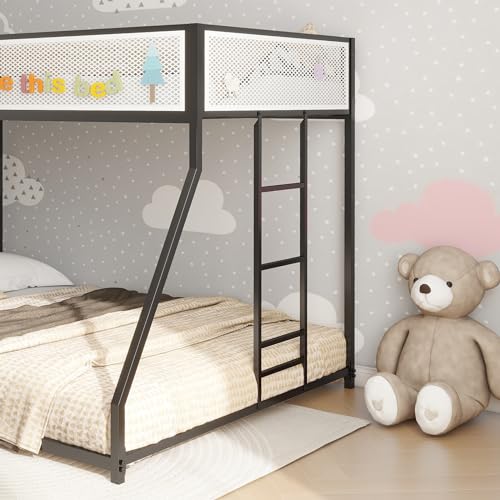 Metal Floor Bunk Bed,Twin Over Twin Low Bunk Bed with White Mesh Guard Rail and Ladder, Low Frame with Metal Slats, Floor Bed for Kids, Teens, Boys, Girls,Small Spaces,Dorm Rooms (Twin Over Twin)