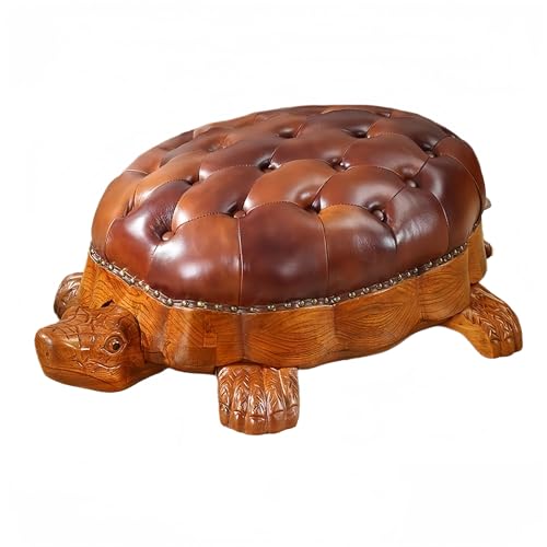 Wood Ottoman Footstool,Sofa Stool，Leather Upholstered Vintage Turtle Footrest Stool with Wheels (Dark Brown)