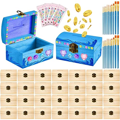 Unfinished Wood Treasure Chest Box Savings 4.72 x 3 x 3.23 Inch Treasure Chest Box Unpainted DIY with Paint Brushes and Craft Gems Self Adhesive Rhinestones Stickers (24 Pcs)