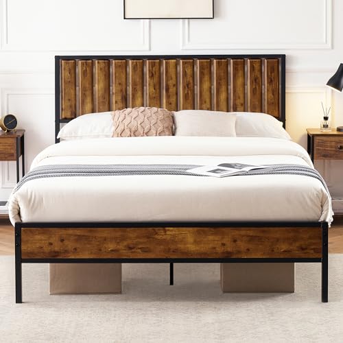 GAOMON Platform Queen Bed Frame with Rustic Vintage Wood Headboard, Mattress Foundation, Strong Metal Slats Support, No Box Spring Needed