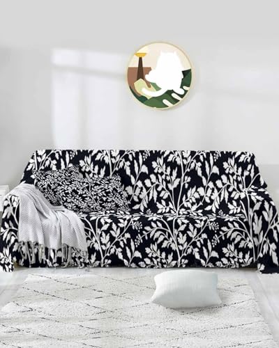Floral Sofa Cover Couch Covers for 3-4 Cushion Couch Throw Couch Cover with Tassel Soft Sofa Slipcover Modern Flowers Leaf Plants Black White Couch Furniture Protector for Dog Pet 71