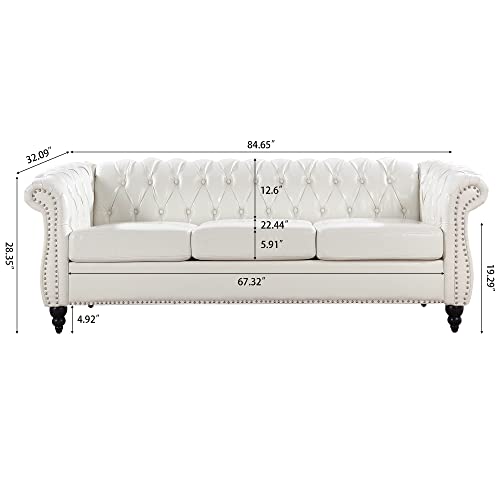 Chesterfield Sofa Leather for Living Room, Modern PU Tufted Couch 3 Seater, Silver Studs Trim Rolled Arms and Solid Wooden Legs, for Living Room, Bedroom, Apartment (Gray + PU Single)