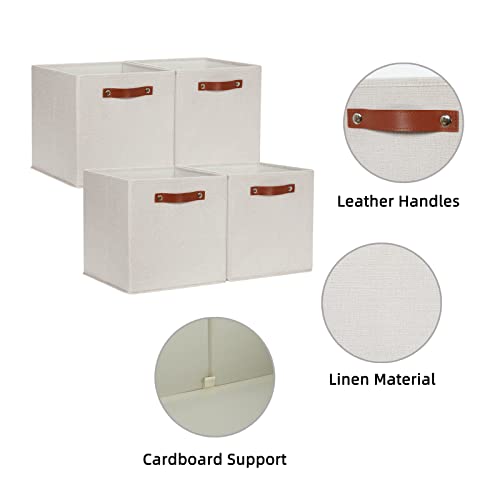 HNZIGE Fabirc Storage Cube Bins 13x13x15 Storage Cube Bins, 4 Pack Foldable Decorative Clear Cube Storage Bins for Cube Organizer Canvas Cubby Storage Organizer Bins for Shelves Pantry- White Beige