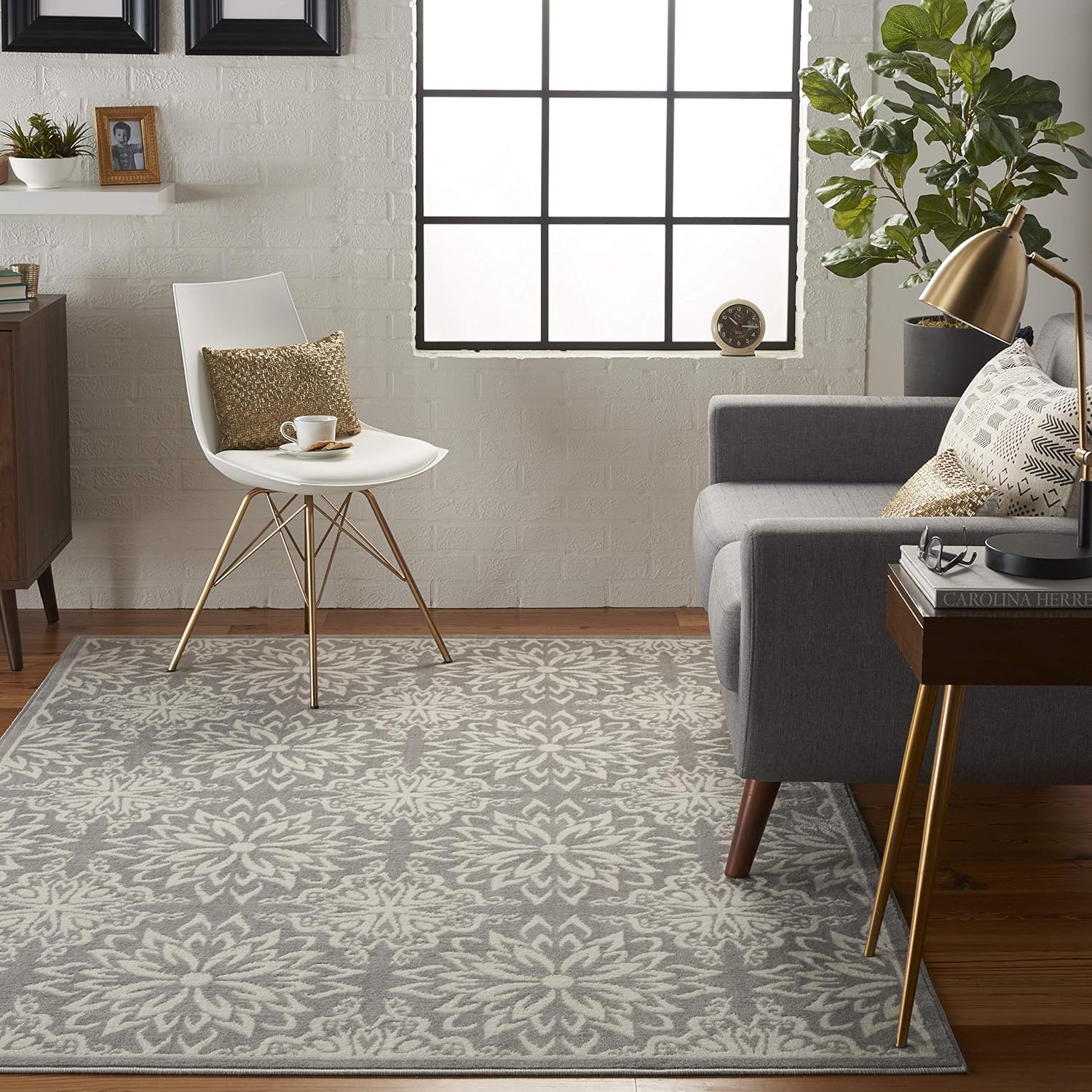 Nourison Jubilant Transitional Ivory/Grey 5'3'' x 7'3'' Area-Rug, Easy-Cleaning, Non Shedding, Bed Room, Living Room, Dining Room, Kitchen (5x7)