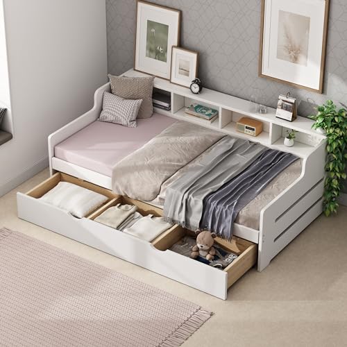 Twin Size Captain Bed with Bookcase Headboard, Wooden Day Bed Sofa Bed Frame with Extra Storage Shelves, Day Bed with 3 Drawers for Guest Room,Small Bedroom (White-AB83)
