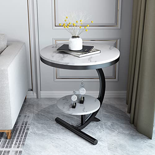 Luxury Marble Sofa Side Table 2 Tier Round Corner Table for Living Room Hotel Sofa End Bedside Table (Gold+Black)