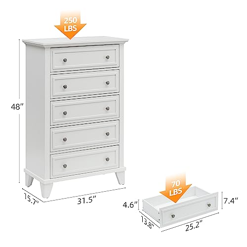 Dresser for Bedroom, Vintage Dresser with 5 Drawers, Chest Drawers with Metal Handles, Wood Organizer Storage for Living Room, Entryway, Kid's Room (Exquisite White, 5-Drawer Dresser)