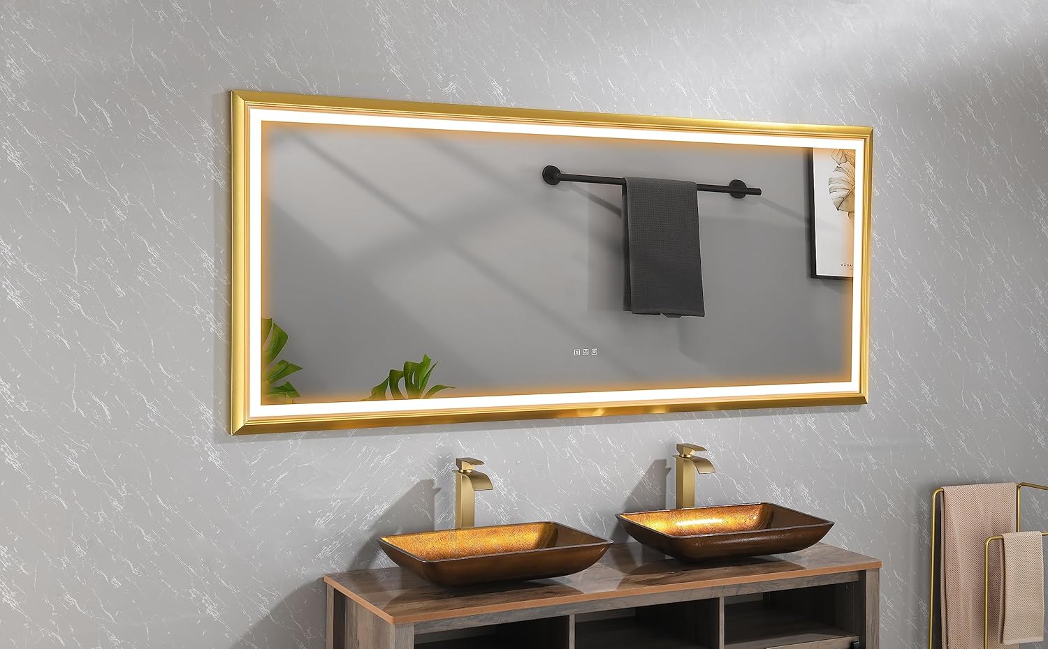 84 in. W x 36 in. H Oversized Rectangular Gold Framed LED Mirror Anti-Fog Dimmable Wall Mount Bathroom Vanity Mirror HD Wall Mirror Kit for Gym and Dance Studio