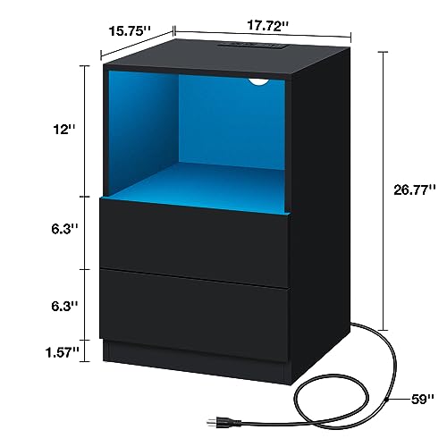 HOMMPA Set of 2 White LED Nightstand with Charging Station End Side Table with Open Shelf Night Stand with Led Lights USB Ports and Outlets Bedside Table with Drawers for Bedroom Furniture