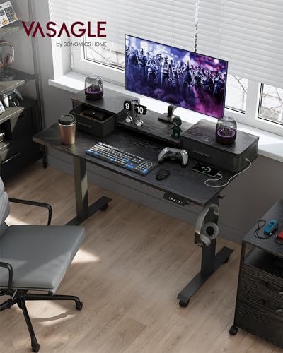 VASAGLE Electric Standing Desk with Drawers, Sit Stand Desk with Built-in Power Strip, Adjustable Height, 23.6 x 55.1 Inches, 2 Hooks, Memory Function, for Home Office, Ink Black ULSD184B21