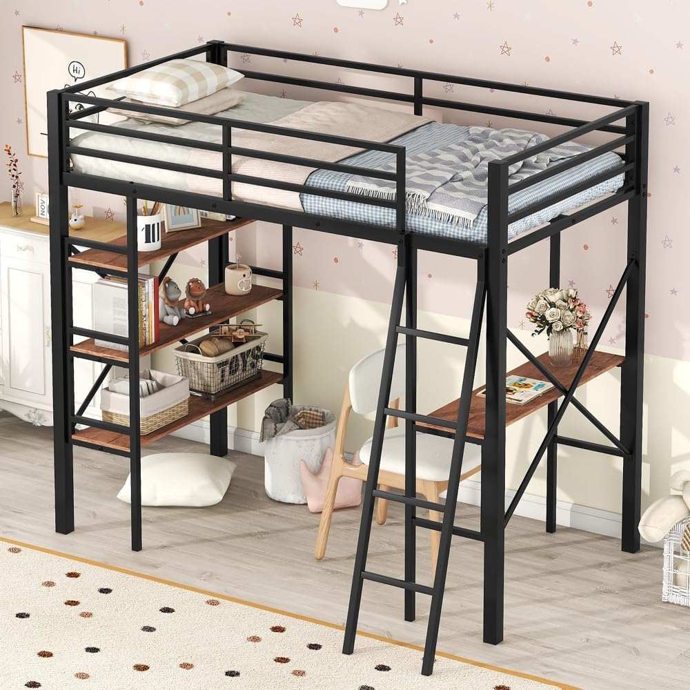 Loft Bed Twin Size, Loft Bed with Desk and Shelves, Space Saving, Industrial Style, High Fence, Black Metal Loft Bed for Small Bedroom Space