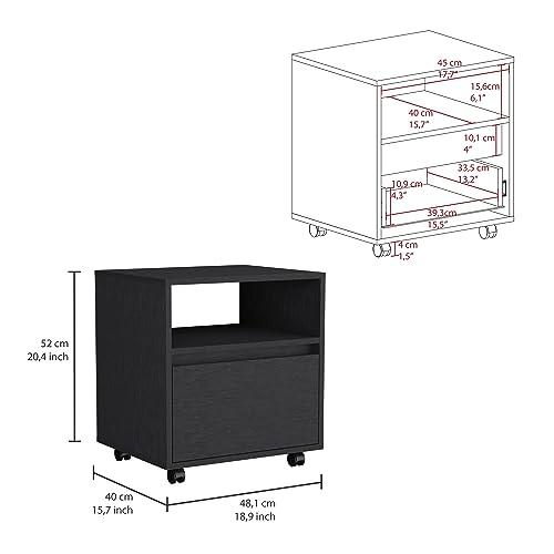 Black Laminated Particleboard Austin Nightstand with Single Drawer and Casters, 20.8-Inch Height, Space-Saving Design