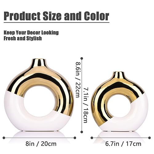 XMGZQ White and Gold Vase,Ceramic Vase Set of 2,Gold Vases Home Decor,Round Vase for Centerpieces,Gold Vase for Living Room Decor,Gold Home Decor Accents,Home Decor Vase for Kitchen,Coffee Table