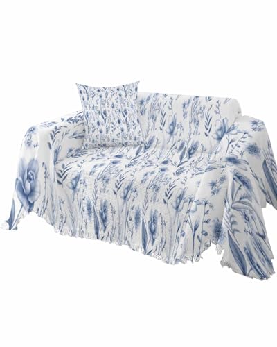 Floral Light Green Sofa Cover Couch Covers for 3 Cushion Couch Throw Couch Cover with Tassel Soft Sofa Slipcover Spring Orchid Flowers Leaves Plants Couch Furniture Protector for Dog Pet 71