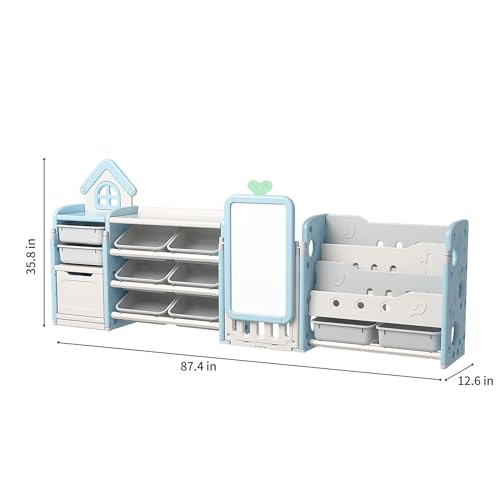 UNICOO Kids Multifunctional Toy Storage Organizer with 3-Tier Bookshelf, Storage Rack & Drawing Board, Flexible & Versatile L Shaped Organizer for Nursery, Playroom, Study Room (Pink)