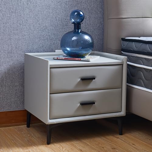 Modern PU Leather Nightstand 2 Drawers Side Table End Table,Wooden Frame Night Stand with Metal Legs & Handle Bedside Tables for Living Room/Bedroom (Grey Blue)