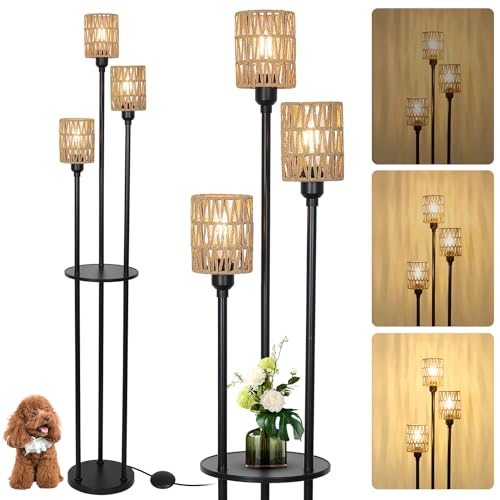 Dimmable Boho Floor Lamps for Living Room, 3-Lights Modern Floor Lamp with 3-Way Foot Switch, Gold Floor Lamp with Shelves, Shelf Standing Lamp with Fabric Shade, Tall Floor Lamps for Bedroom, Office