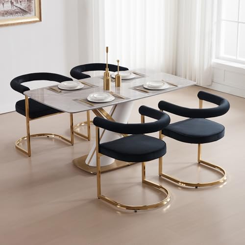 Wahson Modern Armrest Barrel Dining Chairs Set of 4, Velvet Upholstered Open-Back Dining Chairs with Golden Legs, for Dining Room/Kitchen, Black