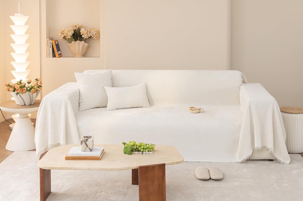 AMWAN Luxury Chenille Couch Cover for Living Room Creamy Beige Sofa Cover for L Shape,Sectional Sofa,Durable Soft Slipcover for Dogs,Cats 1 Piece Universal Furniture Protector Cover, 71x118