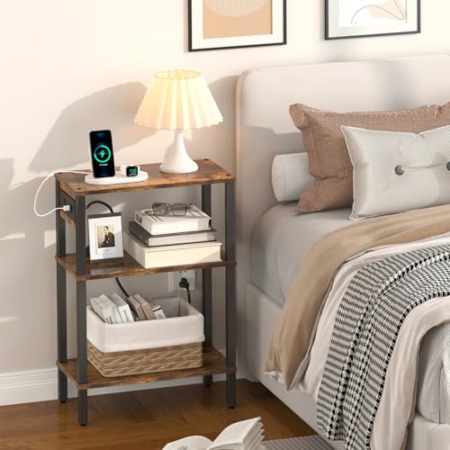 Small Narrow Side Table with Charging Station,Rustic Brown BZ0603BRE2