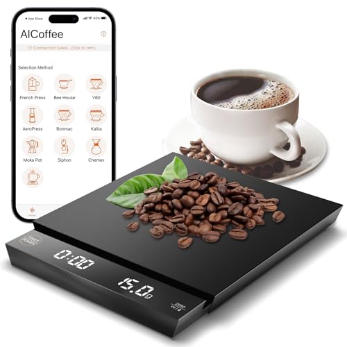 Coffee Scale with Timer, 2-in-1 Digital Espresso Scale for Coffee Accurate Weight Scale 3kg/0.1g, Bluetooth Pour Over Drip Scale with LCD Display Coffee Bean Scale with Tare Rechargeable, Black