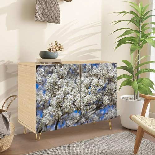 Mid Century Sideboard Buffet Kitchen Storage Cabinet with 2 Doors Cedar Waxwing Feeding Blossoms Spring Day New Canada Cupboard Console Table Bar Cabinet for Dining Room Hallway