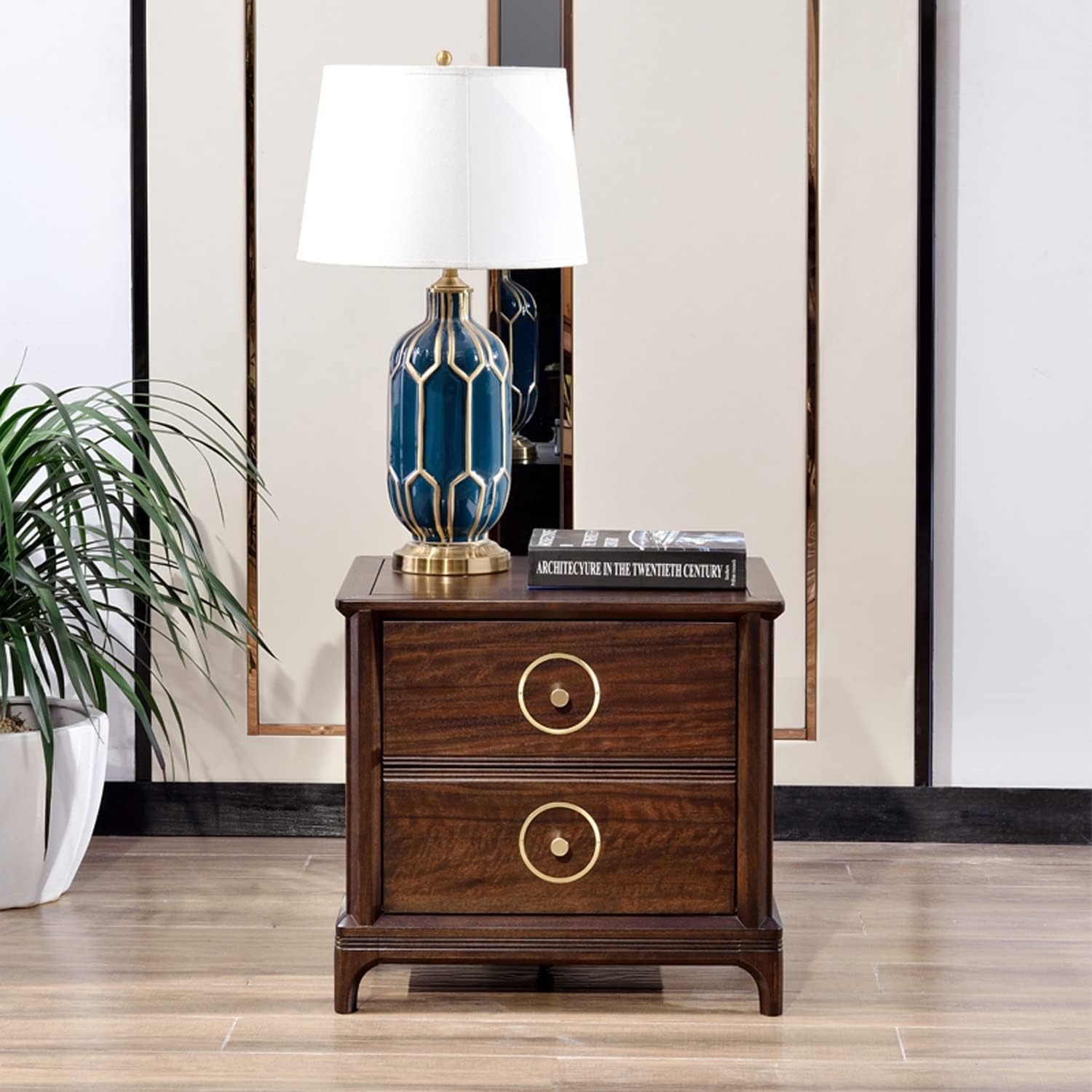 Light Luxury Nightstand, Chinese Style Bedside Table with 2 Drawer, Solid Wood Storage Cabinet, Night Stands Side Tables for Living Room Bedroom Furniture