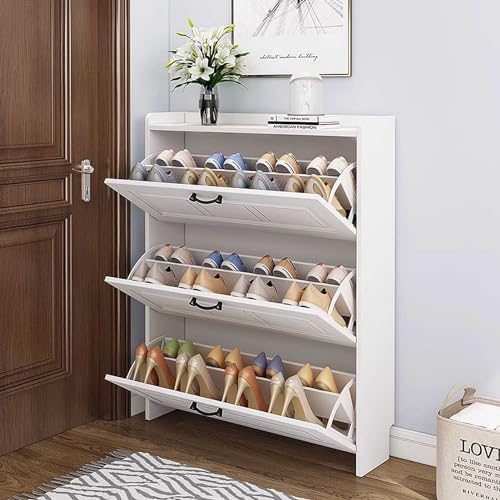 Shoe Storage Hidden Shoe Cabinet Slim Freestanding Shoe Storage Cabinet 24 Pair Shoe Rack Organizer with 3 Flip Drawers Shoe Cupboard for Entryway, Hallway