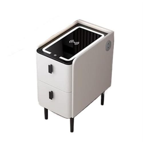 Narrow Side Table with 2 Drawers, End Table with Charging Station, Skinny Nightstand with LED Light, Slim Bedside Table for Bedroom, Living Room, Small Spaces(White,35 * 40 * 45cm)