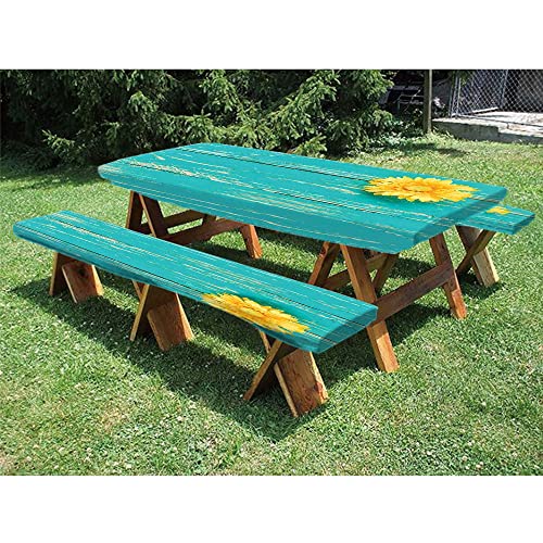Wooden Timber Door Key Picnic Fitted Tablecloth and Bench Seats Table Cover, for Outdoor/BBQ/Camping, 28 x 72 Inch