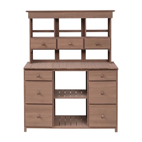 30 Inch Small Outdoor Wooden Potting Bench Table w/Shelves and 4 Hooks, Garden Workstation with Adjustable Feet & Storage Cabinet for Backyard Mudroom