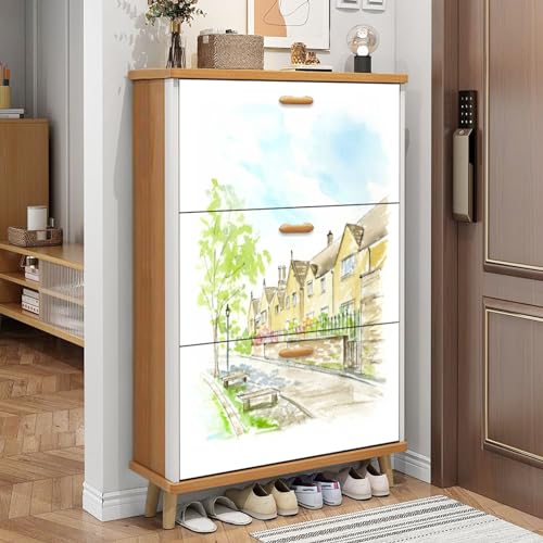 3 Drawer Shoe Cabinet, Artistic Shoe Cabinet, Birch Behind Fence Wood Shoe Rack Organizer for Entryway Slim (31.5”W x 9.45”D 46”H)