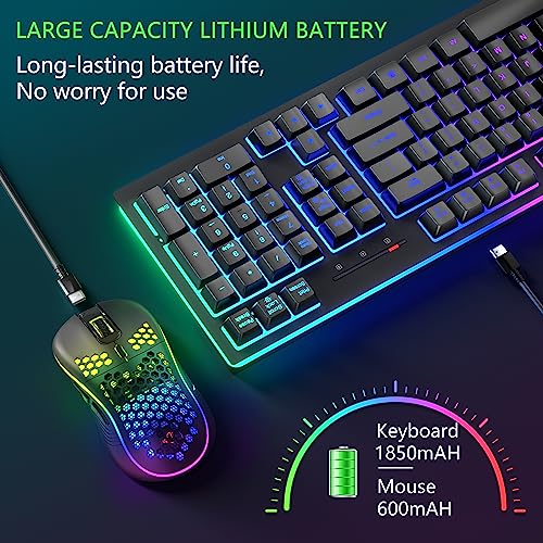 Wireless Keyboard and Mouse RGB Backlit Combo, MOOJAY Rechargeable 2.4G Light Up Cordless Gaming Keyboard with Ergonomic Wireless Wired Dual Mode Mice Set, for PC/Laptop/Windows/Mac - Black