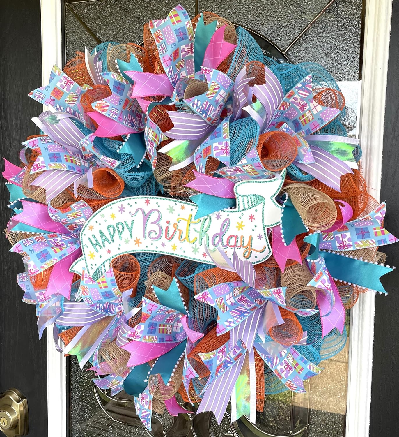 Beautiful Happy Birthday Glitter Sign Wreath Present Gift Ribbon Deco Mesh Front Door Wreath Home Holiday Decor Fun Festive Indoor Outdoor, Porch Patio Decoration