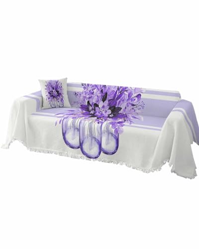 Floral Purple Sofa Cover Couch Covers for 3 Cushion Couch Throw Couch Cover with Tassel Soft Sofa Slipcover Spring Summer Eucalyptus Leaves Striped Couch Furniture Protector for Dog Pet 71