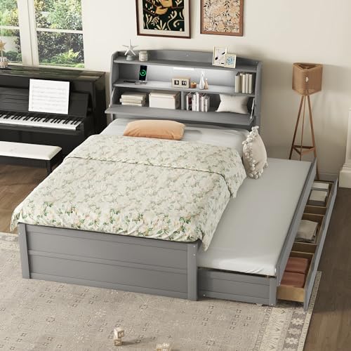 Merax Full Size Bed with Trundle & Bookcase Including Storage Headboard, Drawers, Led Night Light and USB Outlets for Kids, Adults, No Box Spring Needed, Easy Assembly, Brown