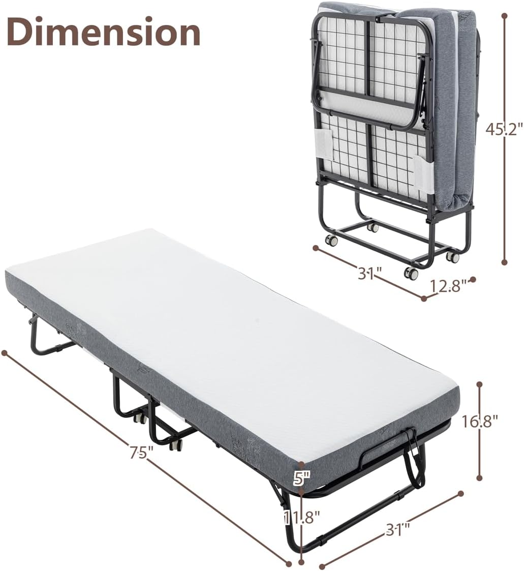 Folding Cot Bed with Mattress for Adults, 75x31 Inches Foldable Metal Platform Bed Frame for Guest with Memory Foam Mattress on Wheels, Saving Space Rollaway Bed, Black Brown
