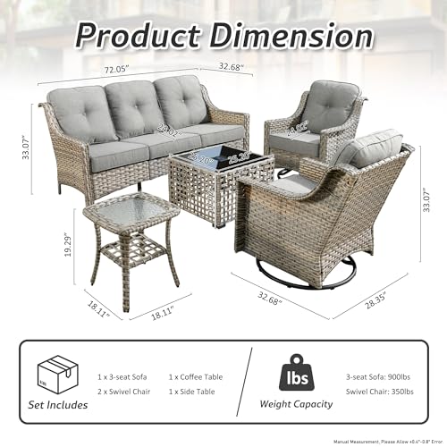 Patio Conversation Set,5 Pieces Wicker Patio Furnitures with Swivel Chair and Coffee Table,All Weather Patio Furniture Set for Garden,Backyard,Poolside and Patio,Beige
