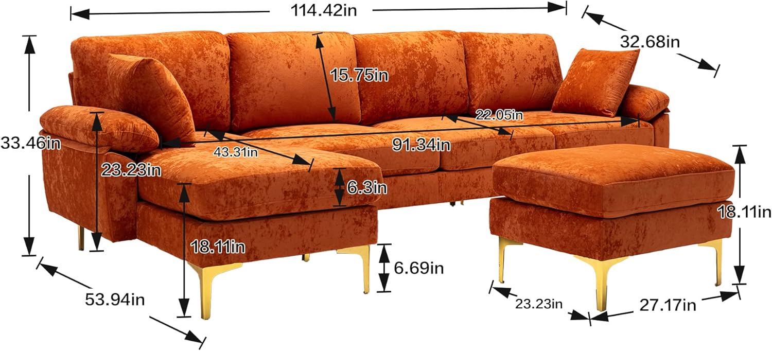 Sectional Sofá, Modern Velvet Upholstered 4-6 Seater w/Ottoman, Convertible Left and Right Side Chaise Lounge Couch, for Large Space,Living Room, Apartment, Home, L/U-Shaped Sofa, Orange A