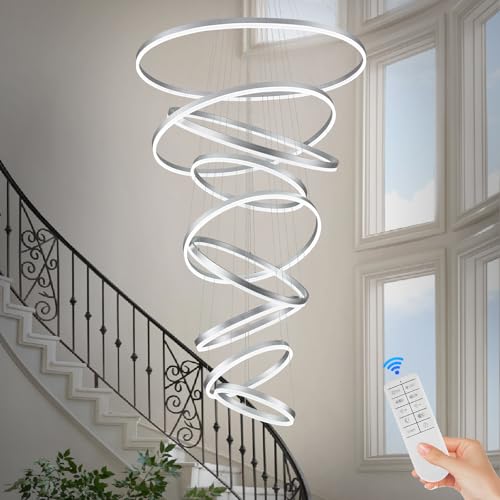 5 Rings D31.5 Modern LED Chandelier Black Large Dimmable LED Chandeliers with Remote Control Circular High Ceiling Chandeliers for Living Dining Room Staircase Foyer Villa, 3000K-6500K CCT