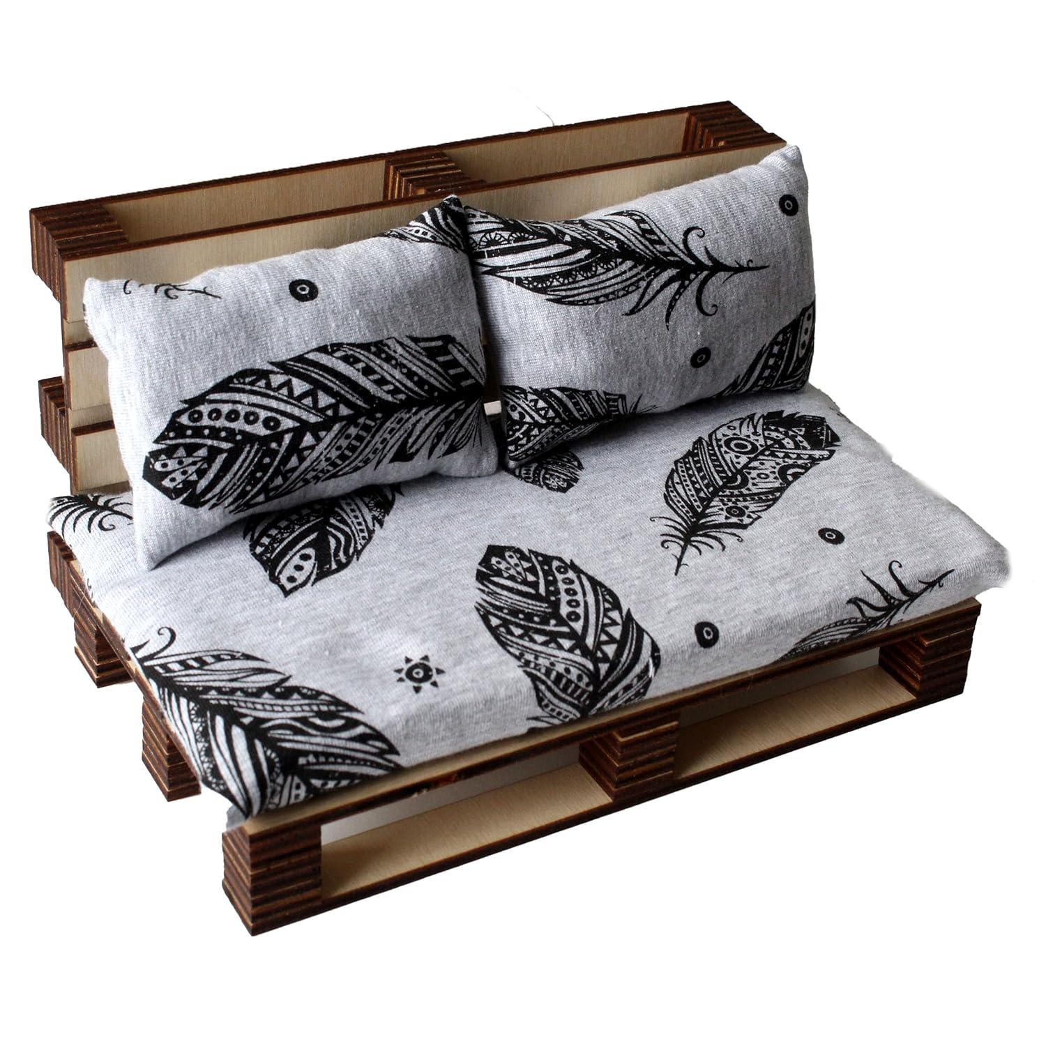 Miniature Pallet Bed, Dollhouse Furniture 1:6 scale Sofa with Mattress Pillows