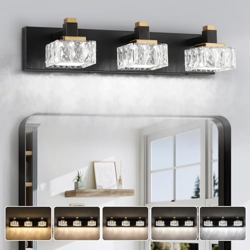 Bathroom Vanity Lights Over Mirror,3-Light Dimmable 5CCT Led Vanity Lights Black Gold Crystal Wall Sconce Lighting 22.4 inches Modern Vanity Light for Bathroom,Bedroom,Living room.(3000K-6000K）