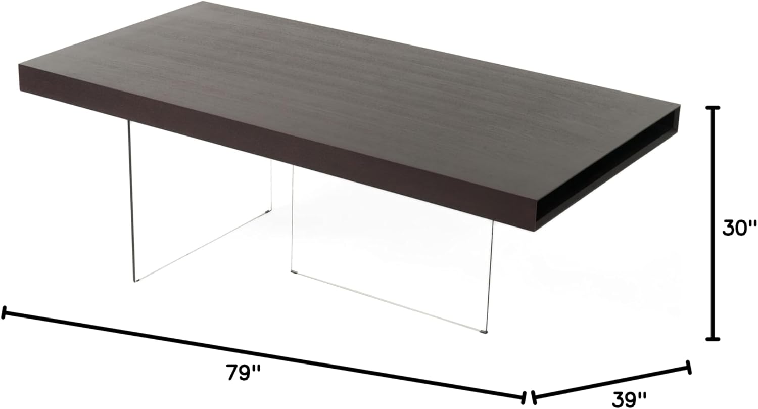 Daffara Collection Modern Style Veneer Finished Dining Table with Clear Tempered Glass Legs, Timber Chocolate