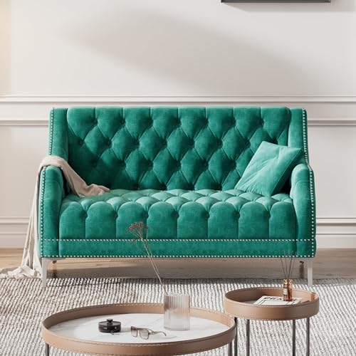 Modern Button Tufted Loveseat Sofa Stylish Corner Sofa Couch w/Armrest &Rivets Trim for Living Room,Luxury Velvet Upholstered Sofa Chair Ottoman Bench w/Wooden Frame&Metal Legs for Small Space (Green)